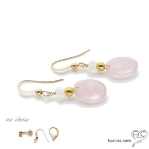 Boucles d'oreilles quartz rose et plaqué or 3MIC, pierre naturelle rose, fait main, création by Alicia