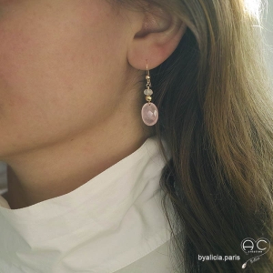 Boucles d'oreilles quartz rose et plaqué or 3MIC, pierre naturelle rose, fait main, création by Alicia