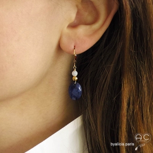 Boucles d'oreilles indian saphir et plaqué or 3MIC, pierre naturelle bleue, fait main, création by Alicia