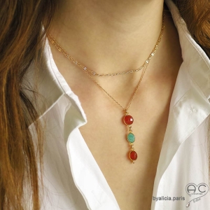 collier, pendentif cornaline et amazonite, plaqué or, création by Alicia