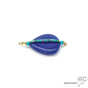 Pendentif lapis lazuli et turquoise, plaqué or, piece unique, fait main, création by Alicia, bohème chic