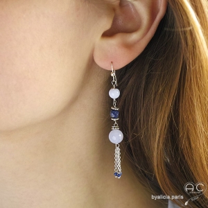 Boucles d'oreilles longues avec calcédoine bleue et pampille en chaînes argent massif, fait main, création by Alicia
