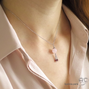 Collier, pendentif avec quartz rose et pampille en chaînes argent massif, fait main, création by Alicia
