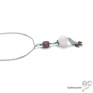 Collier, pendentif long avec quartz rose et pampille en chaînes argent massif, fait main, création by Alicia