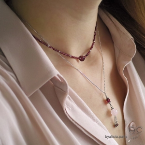 Collier, pendentif long avec quartz rose et pampille en chaînes argent massif, fait main, création by Alicia