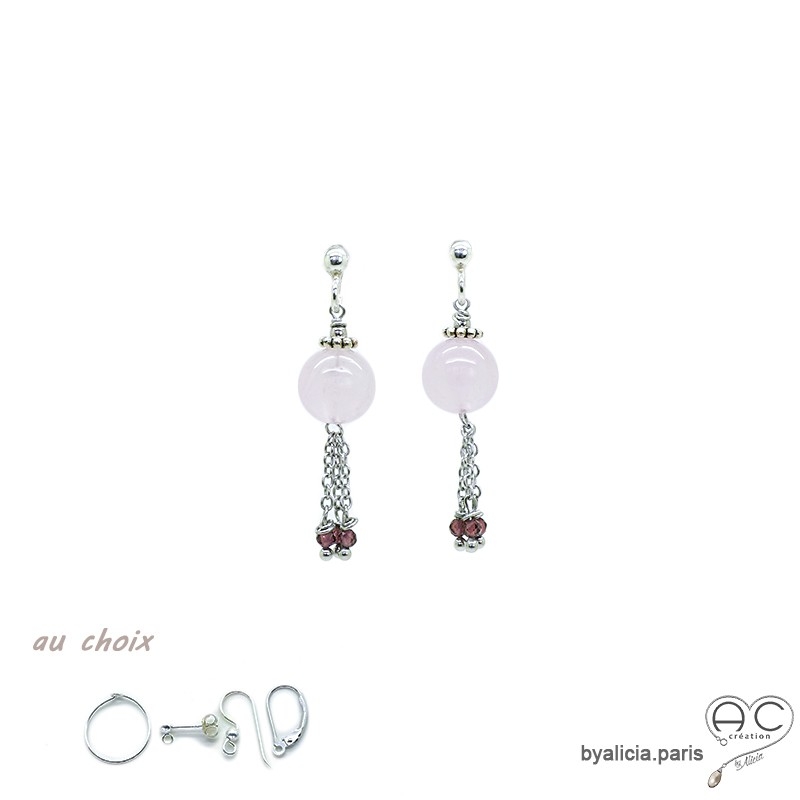 Boucles d'oreilles avec quartz rose et pampille en chaînes argent massif, fait main, création by Alicia