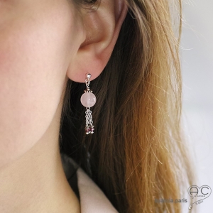 Boucles d'oreilles avec quartz rose et pampille en chaînes argent massif, fait main, création by Alicia