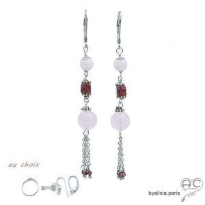 Boucles d'oreilles longues avec quartz rose et pampille en chaînes argent massif, fait main, création by Alicia