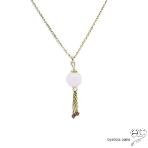 Collier, pendentif avec quartz rose et pampille en chaînes plaqué or, fait main, création by Alicia
