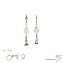Boucles d\'oreilles avec quartz rose et pampille en chaînes plaqué or, fait main, création by Alicia