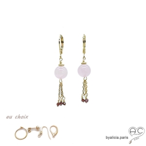 Boucles d'oreilles avec quartz rose et pampille en chaînes plaqué or, fait main, création by Alicia