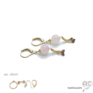 Boucles d'oreilles avec quartz rose et pampille en chaînes plaqué or, fait main, création by Alicia