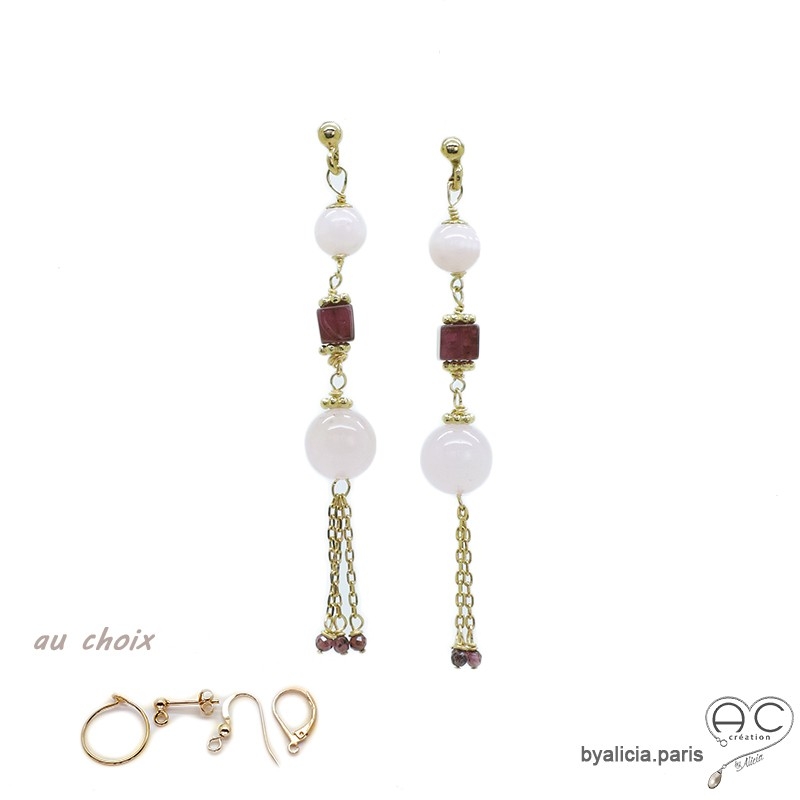 Boucles d'oreilles longues avec quartz rose et pampille en chaînes plaqué or, fait main, création by Alicia