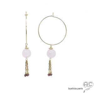 Créoles avec quartz rose et pampille en chaînes plaqué or, fait main, création by Alicia