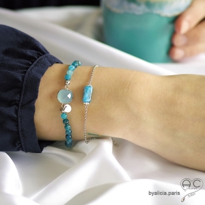 Bracelet calcédoine bleu et apatite, pierres fines, pampille argent 925, femme, gipsy, bohème, création by Alicia 