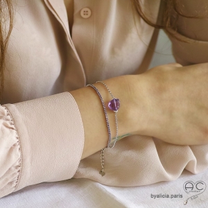 Bracelet ELFY fin, rivière avec zirconium brillant violet serti sur argent 925 rhodié, souple, femme, joaillerie