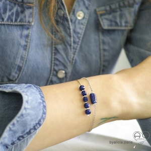 Bracelet avec lapis-lazuli sur une chaîne fine, argent massif, pierre naturelle bleue, fait main, création by Alicia