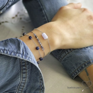 Bracelet avec calcédoine bleue sur une chaîne fine, argent massif, pierre naturelle bleue, fait main, création by Alicia