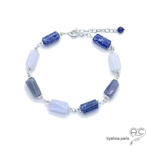 Bracelet avec multiples grosses pierres semi-précieuses bleues, argent massif, fait main, création by Alicia