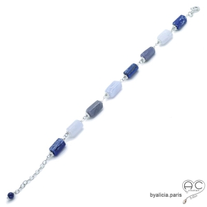 Bracelet avec multiples grosses pierres semi-précieuses bleues, argent massif, fait main, création by Alicia