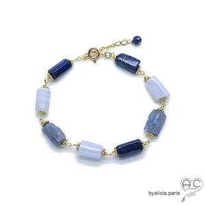 Bracelet avec grosses pierres semi-précieuses bleues, plaqué or, fait main, création by Alicia