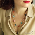 Collier, sautoir, avec grosses pierres semi-précieuses multicouleurs, plaqué or, fait main, création by Alicia