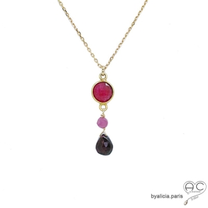 Collier, pendentif rubis, grenat, plaqué or, pierre naturelle rouge, fait main, création by Alicia