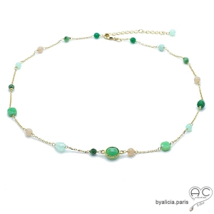 chrysoprase agate verte calcédoine agua collier ras de cou choker plaqué or femme fabriqué à la main en France