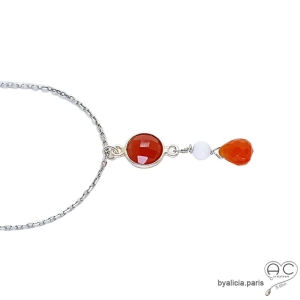 Collier, pendentif cornaline et agate blanche, argent massif, fait main, création by Alicia