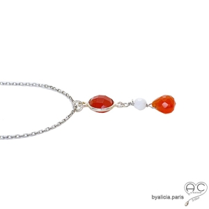 Collier, pendentif cornaline et agate blanche, argent massif, fait main, création by Alicia