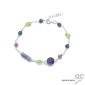 Bracelet améthyste, péridot, tourmaline, chaîne argent massif, fin, fait main, création by Alicia