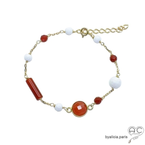 Bracelet, cornaline et agate blanche, chaîne plaqué or, fin, fait main, création by Alicia
