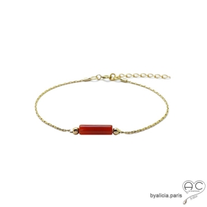 Bracelet fin cornaline sur une chaîne serpent en plaqué or 3MIC, pierre naturelle orange, fait main, création by Alicia