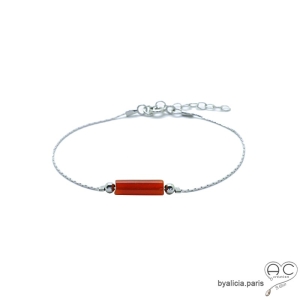 Bracelet fin cornaline sur une chaîne serpent en argent massif, pierre naturelle orange, fait main, création by Alicia