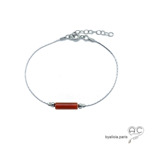 Bracelet fin cornaline sur une chaîne serpent en argent massif, pierre naturelle orange, fait main, création by Alicia