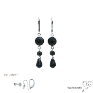 Boucles d'oreilles onyx et spinelle noire, argent massif, fait main, création by Alicia