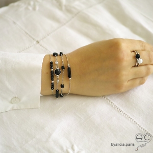 Bracelet, onyx et spinelle noire, chaîne argent massif, fin, fait main, création by Alicia