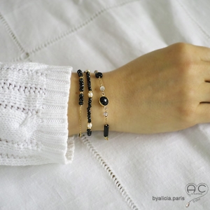 Bracelet, onyx et spinelle noire, chaîne plaqué or, fin, fait main, création by Alicia