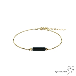 Bracelet fin onyx noir sur une chaîne serpent en plaqué or, pierre naturelle orange, fait main, création by Alicia