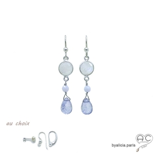 Boucles d'oreilles pierre de lune et quartz bleu, argent massif, fait main, création by Alicia