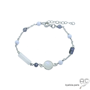 Bracelet, pierre de lune saphir d'eau, chaîne argent massif, fin, fait main, création by Alicia