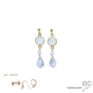 Boucles d'oreilles pierre de lune et quartz bleu, plaqué or, fait main, création by Alicia