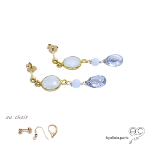 Boucles d'oreilles pierre de lune et saphir d'eau, plaqué or, fait main, création by Alicia