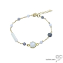 Bracelet, pierre de lune saphir d\'eau, chaîne plaqué or, fin, fait main, création by Alicia