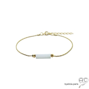 Bracelet fin jade blanc sur une chaîne serpent en plaqué or, pierre naturelle orange, fait main, création by Alicia