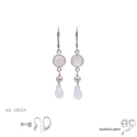 Boucles d\'oreilles quartz rose et perle de culture rose, argent massif, fait main, création by Alicia