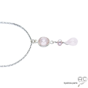 Collier, pendentif quartz rose et perle de culture rose, argent massif, fait main, création by Alicia