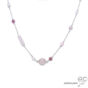 Collier, sautoir, quartz rose et perle de culture, chaîne argent massif, fin, fait main, création by Alicia