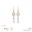 Boucles d\'oreilles quartz rose et perle de culture rose, plaqué or, fait main, création by Alicia