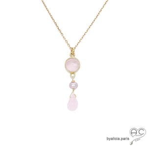 Collier, pendentif quartz rose et perle de culture rose, plaqué or, fait main, création by Alicia